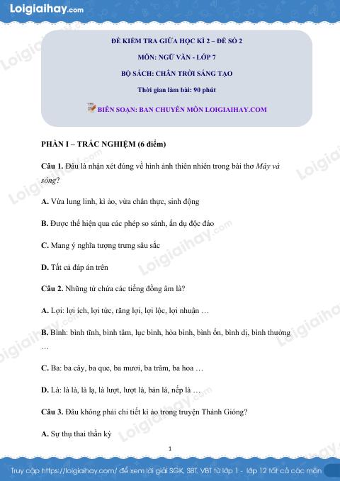 Đề thi giữa kì 2 Văn 6 Chân trời sáng tạo - Đề số 2